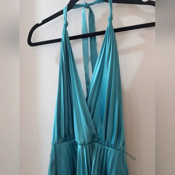 Aqua blue green satin pleated party dress, XS, halter, backless, Lillie Rubin - Picture 3 of 10